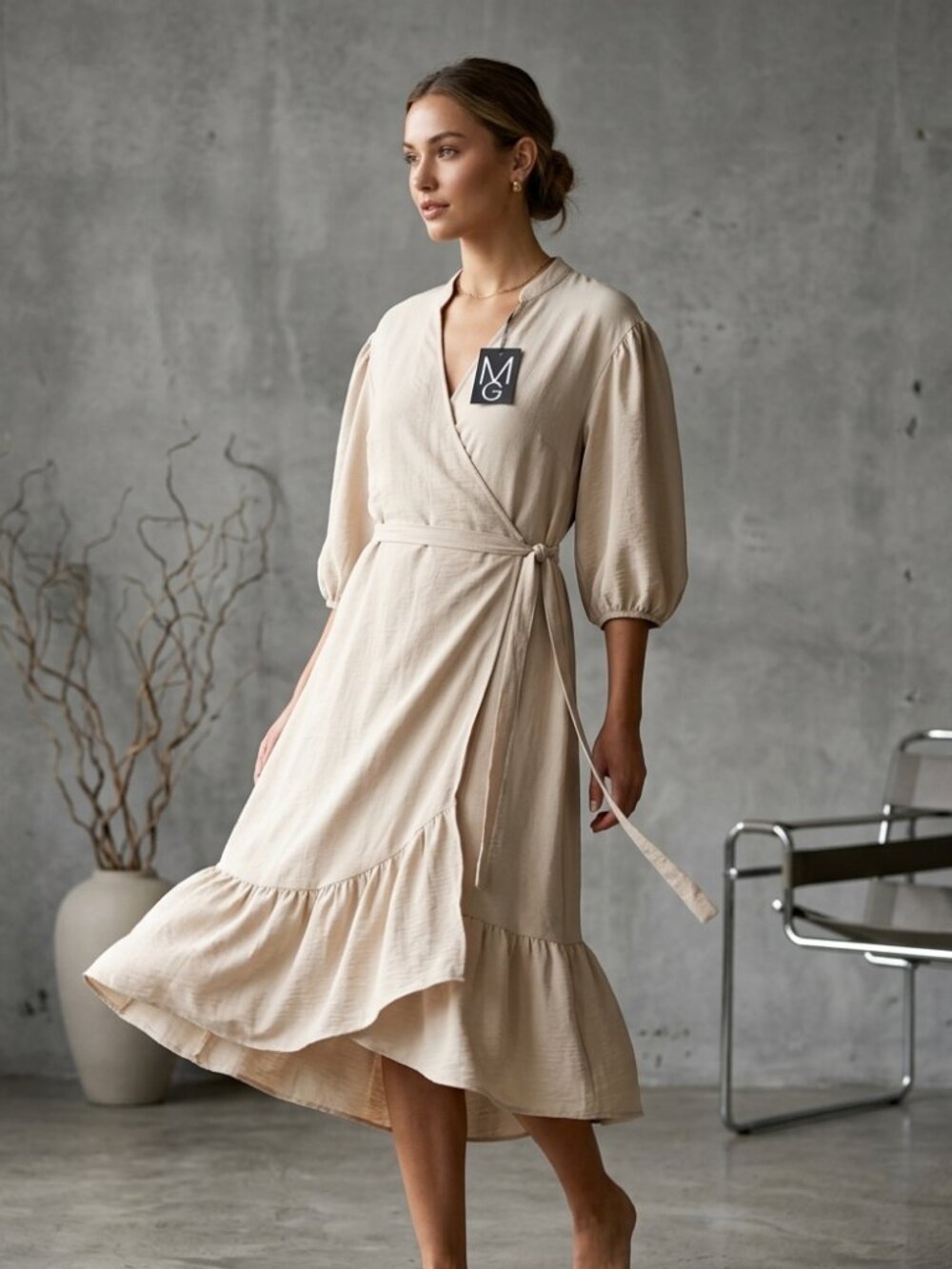 M.G. Light Beige Wrap-Style Dress